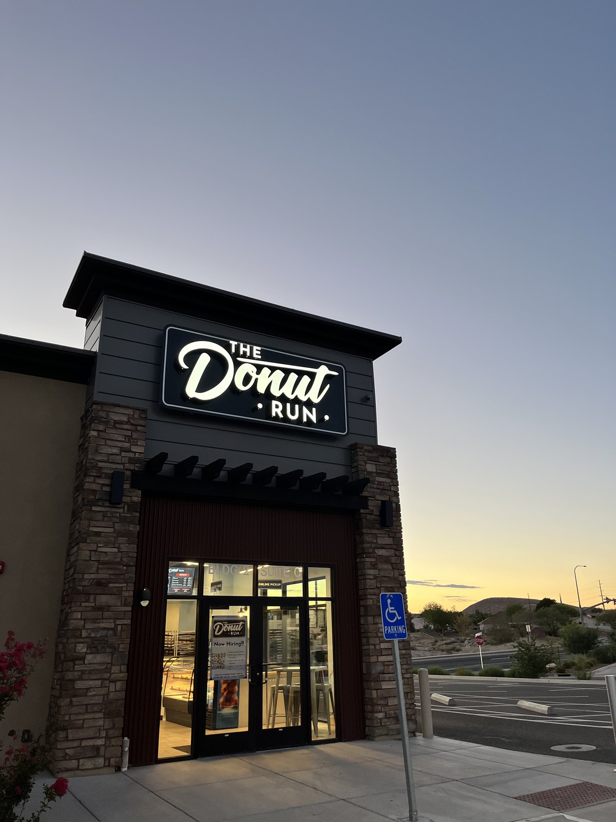The Donut Run in St. George, Utah, lit up before sunrise