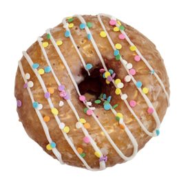 A glazed donut with white icing drizzle and pastel confetti sprinkles from The Donut Run