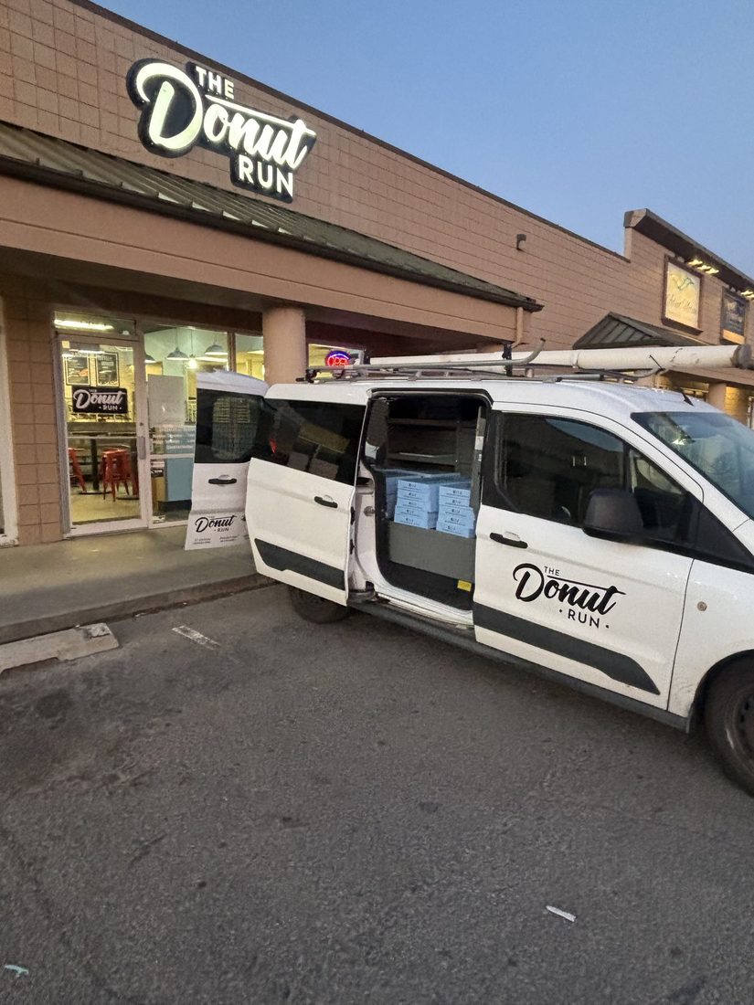 The Donut Run branded van outside the shop in Utah